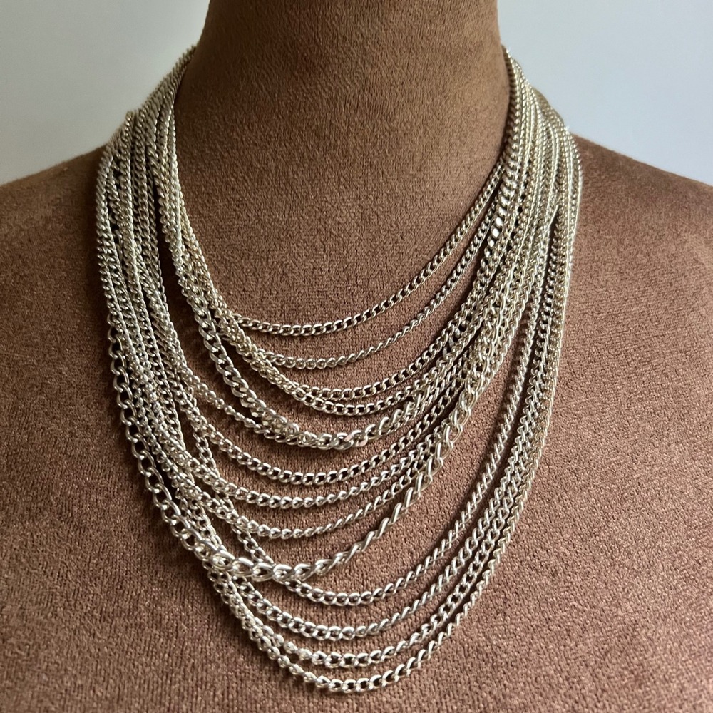 Vintage Japan‎ Multi Strand Silver Tone Chain Waterfall Necklace 15-20" Goth